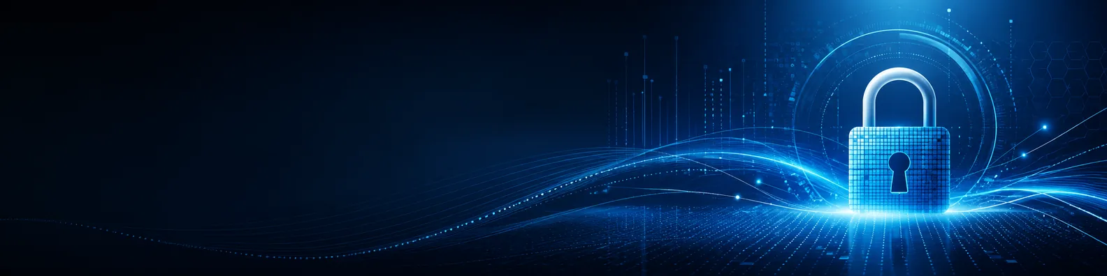Online privacy protection LinkedIn background banner with soft digital lock, secure data lines, encrypted grids, and calm dark blue security design