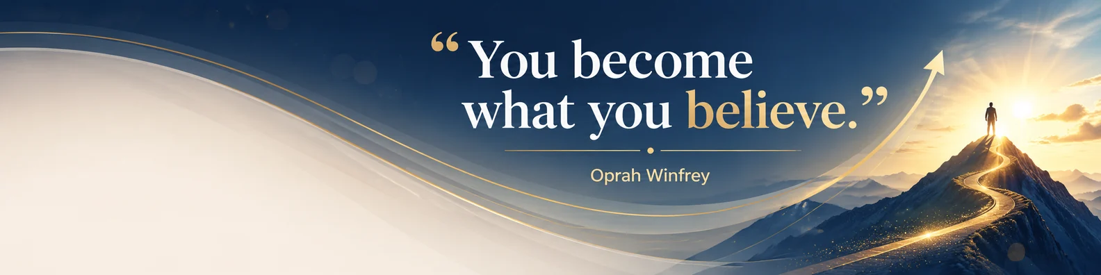 Oprah Winfrey confidence quote LinkedIn background banner with uplifting navy white deep blue beige and warm gold glow