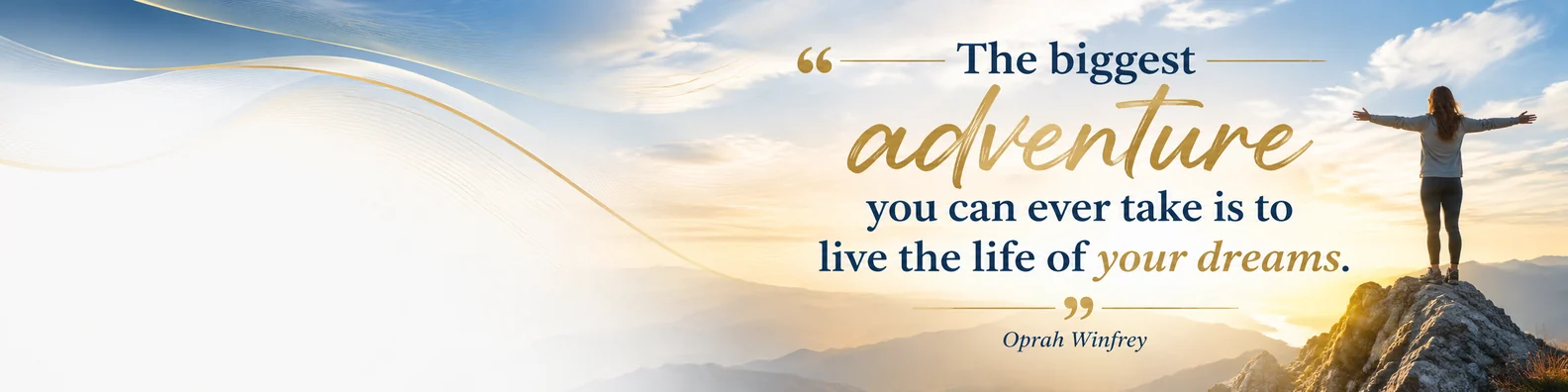 Oprah Winfrey purpose quote LinkedIn background banner with horizon light navy white beige gold and sky blue design