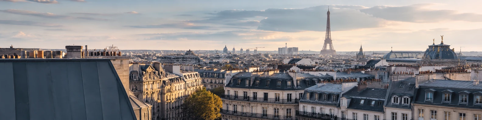 Paris city skyline view with elegant rooftops and soft golden light LinkedIn background banner