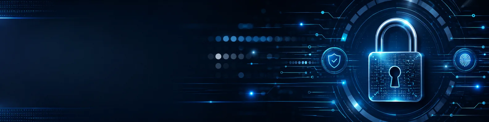 Password security LinkedIn background banner with glowing lock, protected access patterns, blurred password dots, and authentication visuals
