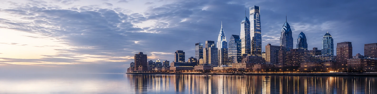 Philadelphia skyline background with evening lights and water reflections LinkedIn background banner