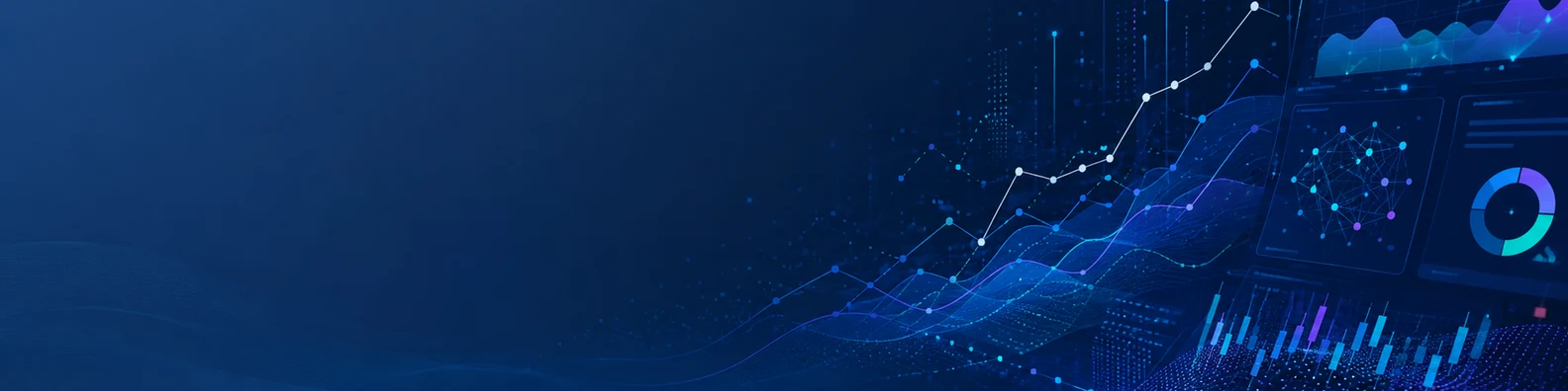 Predictive analytics technology LinkedIn background banner with abstract forecasting graph lines, machine learning data points, dashboard visuals, and future-trend patterns
