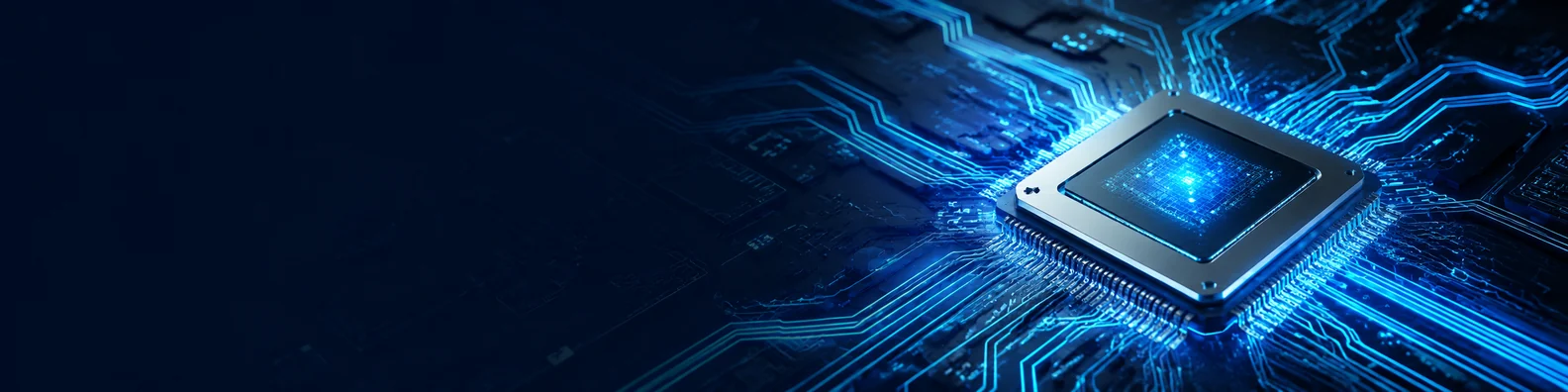 Processor chip technology LinkedIn background banner with sleek processor chip and glowing circuit lines spreading across a dark blue digital board