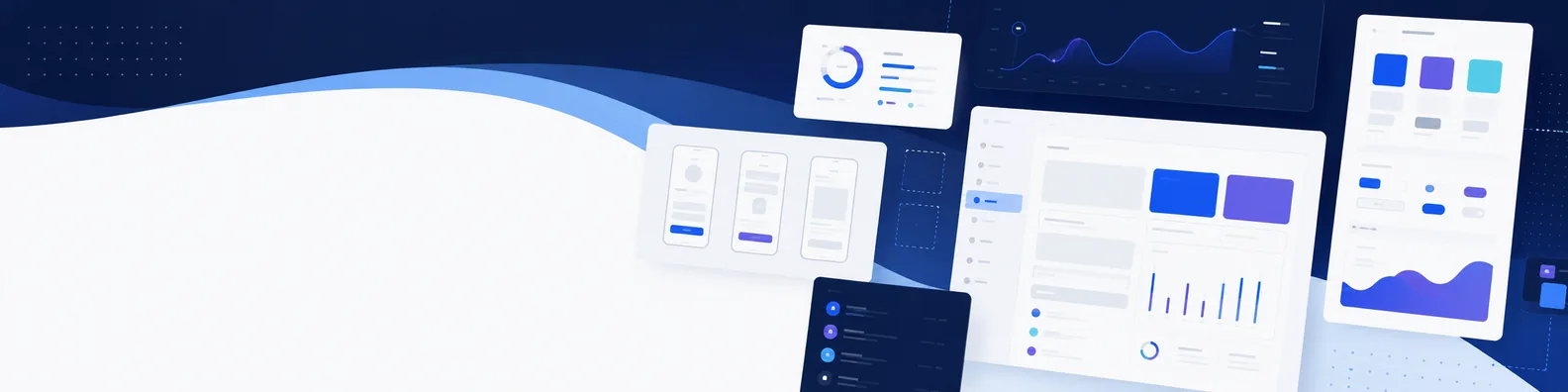 Product design dashboard LinkedIn background banner with abstract product interface panels, wireframes, analytics cards, design system blocks, and digital layout elements