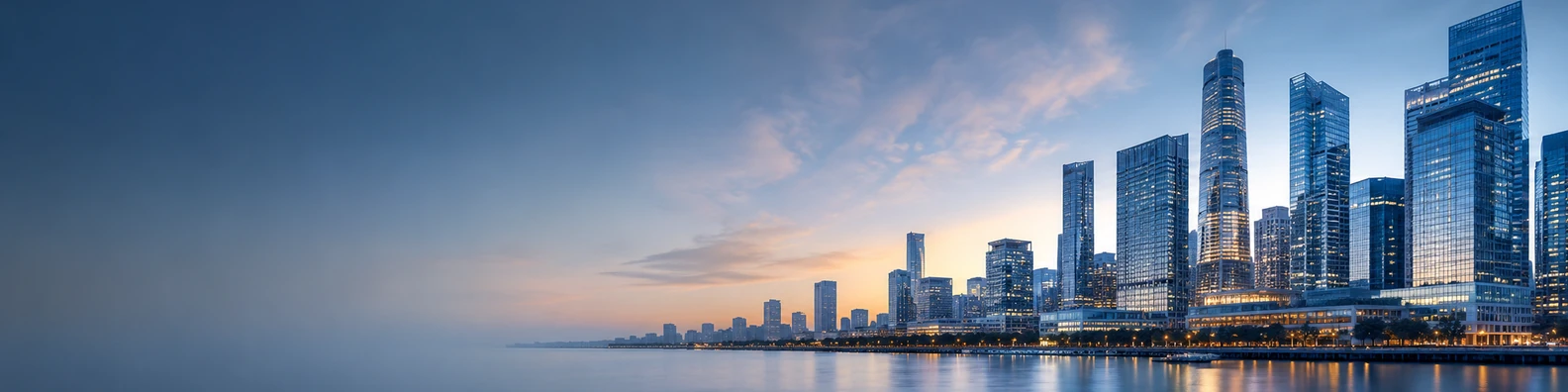 Professional urban cityscape with modern skyline and soft evening light LinkedIn background banner
