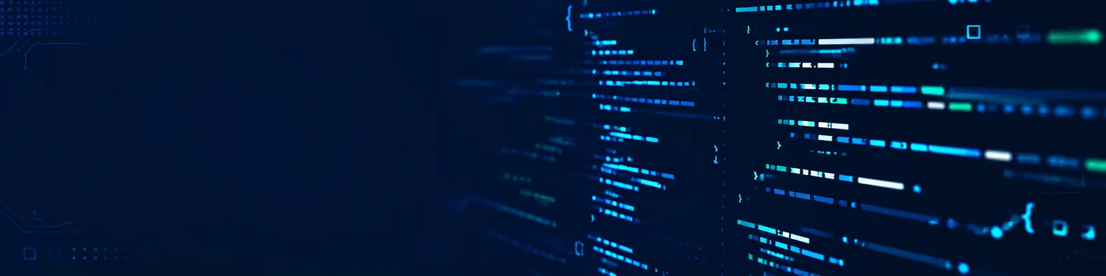 Programming code lines LinkedIn background banner with abstract unreadable syntax shapes and glowing blue green code patterns