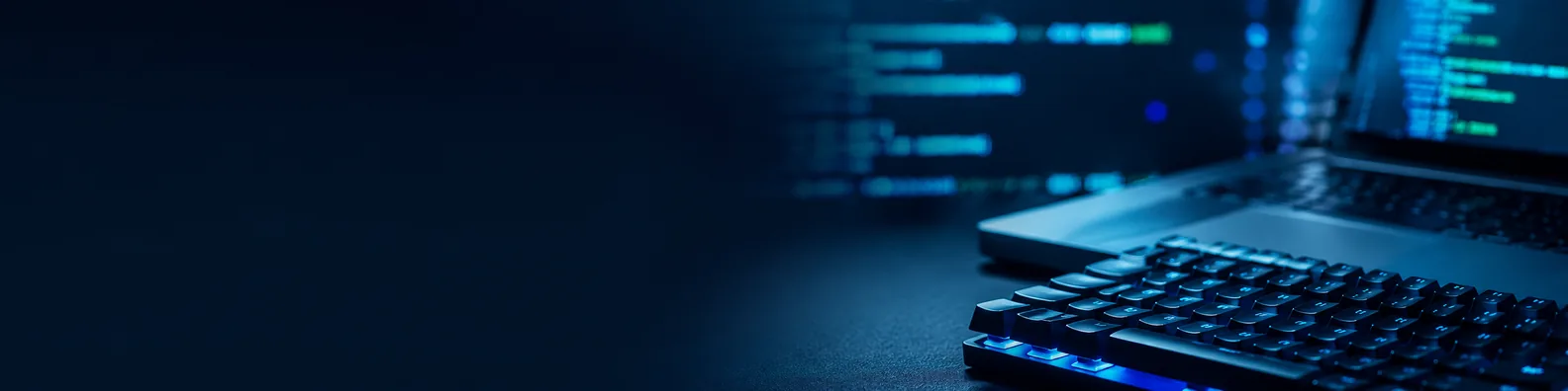 Programming keyboard background LinkedIn banner with close-up keyboard, laptop edge, monitor glow, and abstract blue code light
