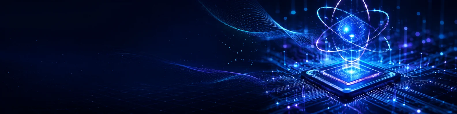Quantum computing LinkedIn background banner with quantum particles, glowing circuit structures, wave-like data patterns, and futuristic processor elements