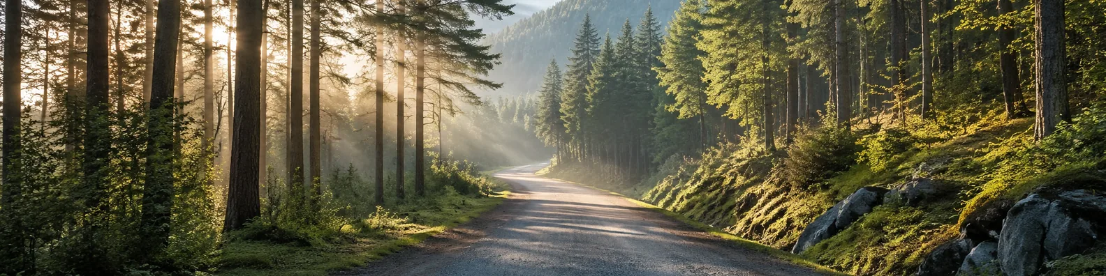 Quiet forest road LinkedIn background banner with tall trees, soft morning light, and a peaceful path into the distance