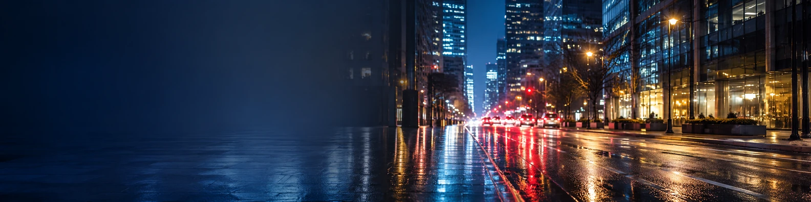 Rainy city street at night with wet pavement reflections, blurred lights, and tall buildings LinkedIn banner