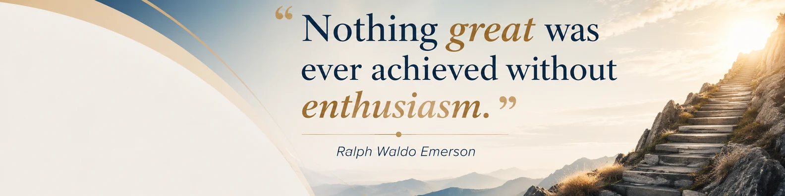 Ralph Waldo Emerson inspiration quote LinkedIn background banner with upward motion warm light navy white beige muted gold and soft blue