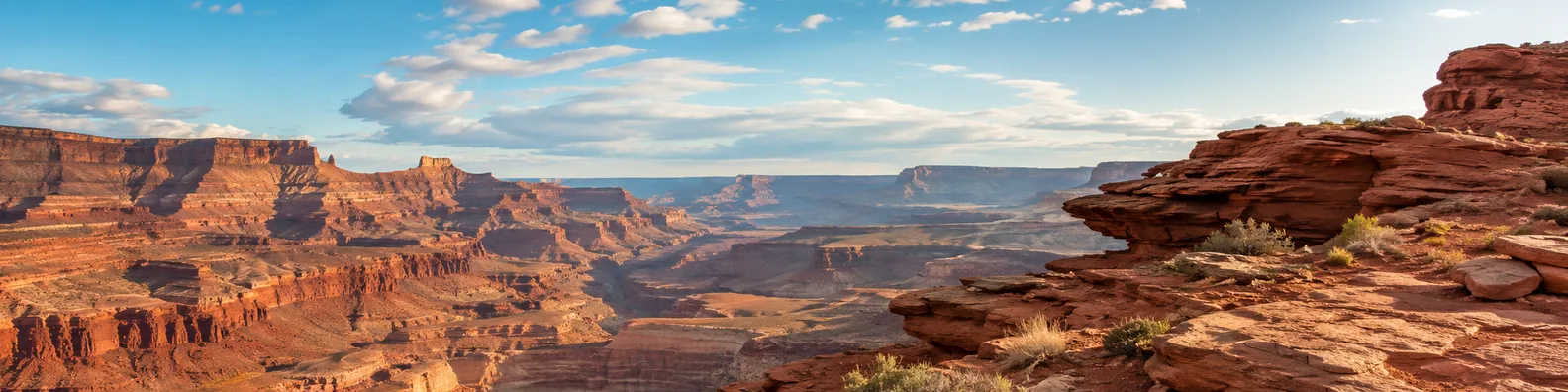 Red rock canyon landscape LinkedIn background banner with layered canyon walls, warm sunlight, rugged formations, and blue sky