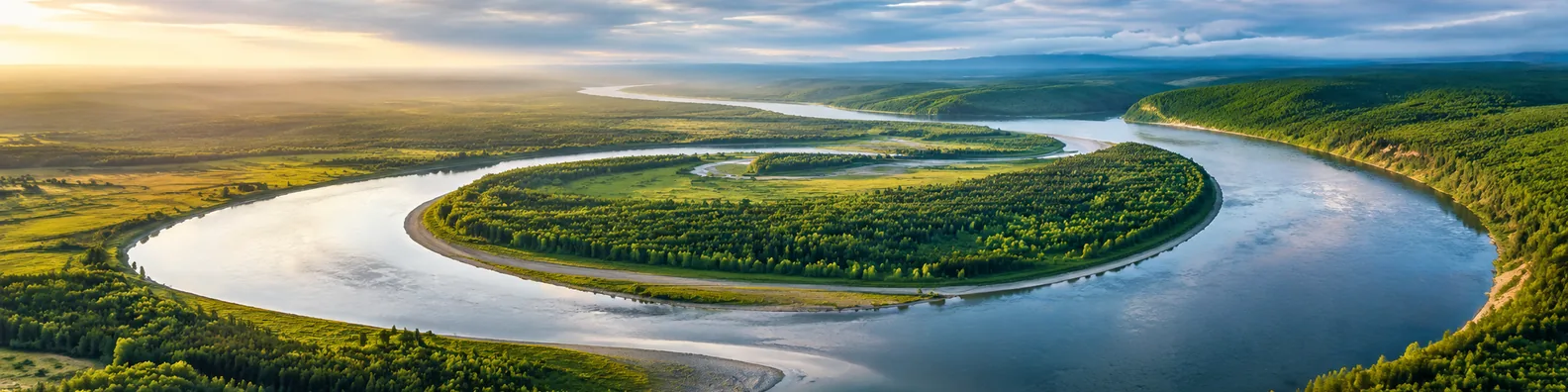 River bend aerial view LinkedIn background banner with curving river, green forest, natural patterns, and soft sunlight