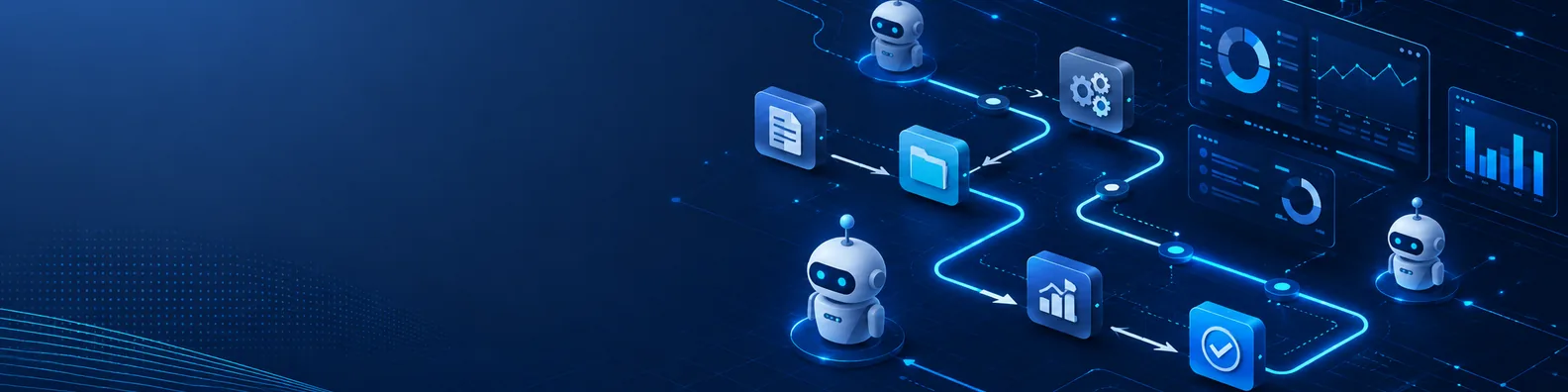 Robotic process automation LinkedIn background banner with workflow paths, digital bots, circuit lines, connected process nodes, and automation dashboards