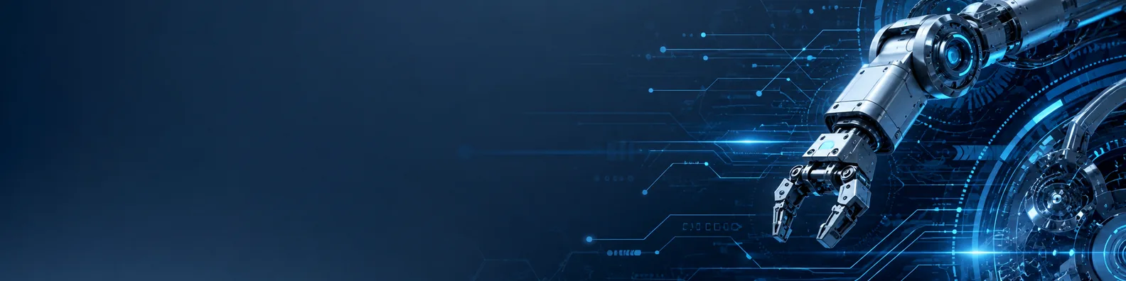 Robotics technology LinkedIn background banner with abstract robotic elements, mechanical details, digital circuits, and glowing technology lines
