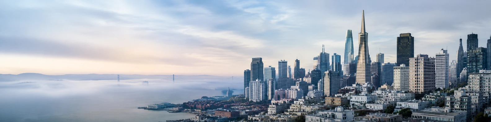 San Francisco skyline view with soft fog and calm bay atmosphere LinkedIn background banner