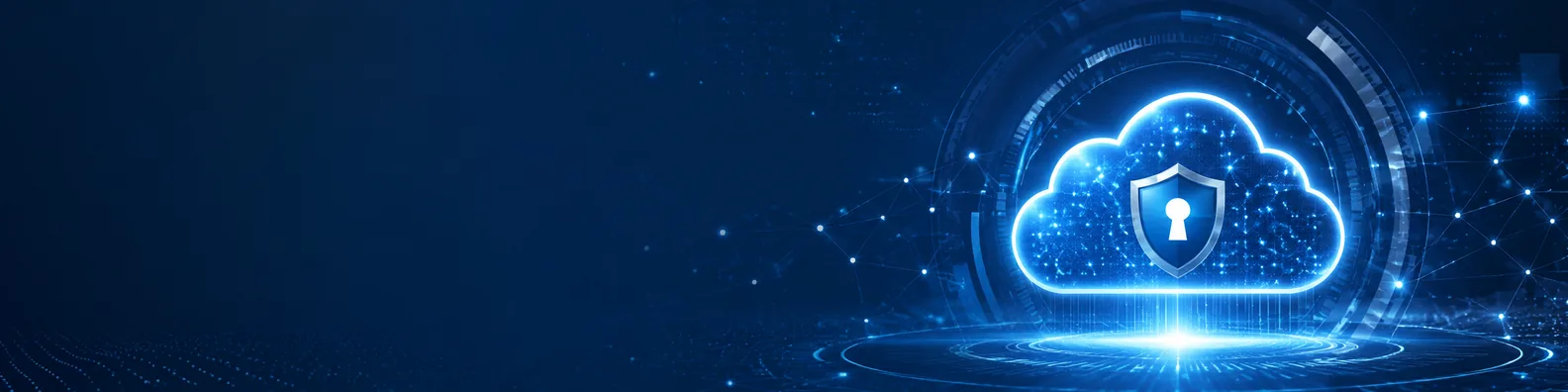 Secure cloud technology LinkedIn background banner with glowing cloud, shield protection, data particles, and blue secure network lines