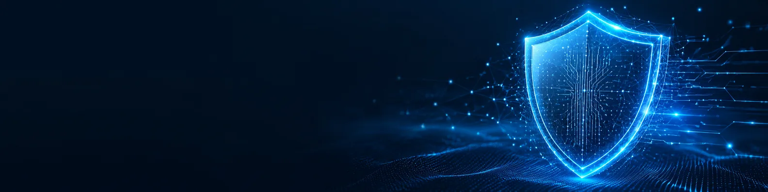 Secure technology shield LinkedIn background banner with glowing digital shield, circuit details, network particles, and dark blue tech background