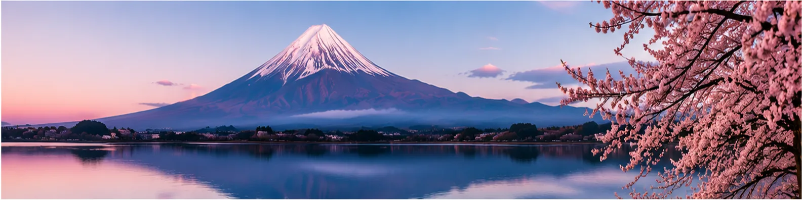 Serene Mount Fuji panorama LinkedIn background banner with lake reflection and cherry blossoms