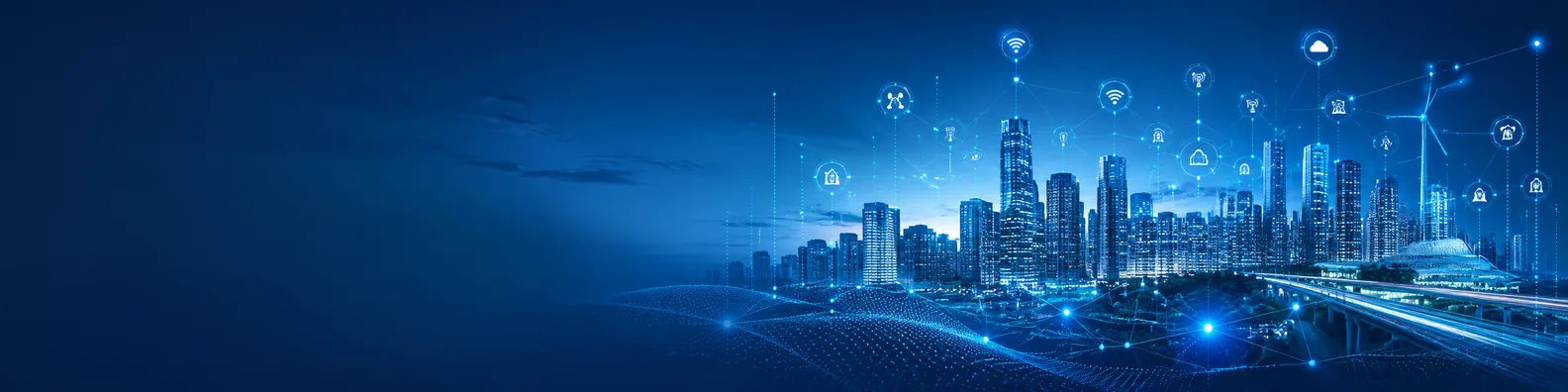 Smart city technology LinkedIn background banner with connected city skyline, glowing digital network lines, IoT signals, and blue smart infrastructure visuals