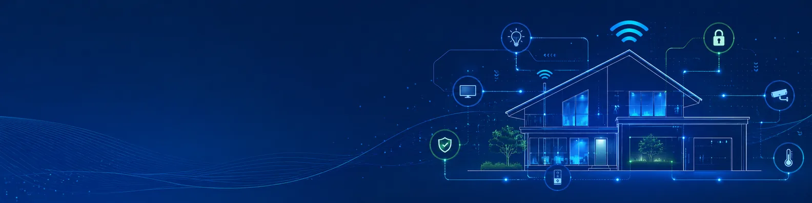 Smart home technology LinkedIn background banner with modern home outline, connected device nodes, wireless signals, automation lines, and blue digital interface elements