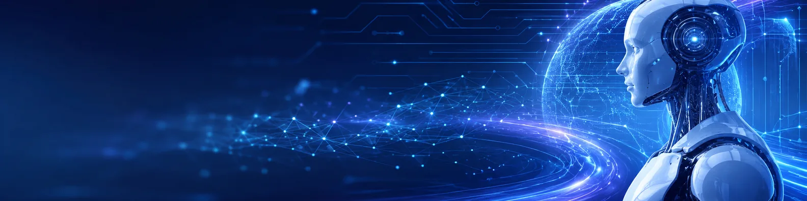 Smart robotics future LinkedIn background banner with sleek abstract robot form, glowing AI network lines, and digital circuit elements