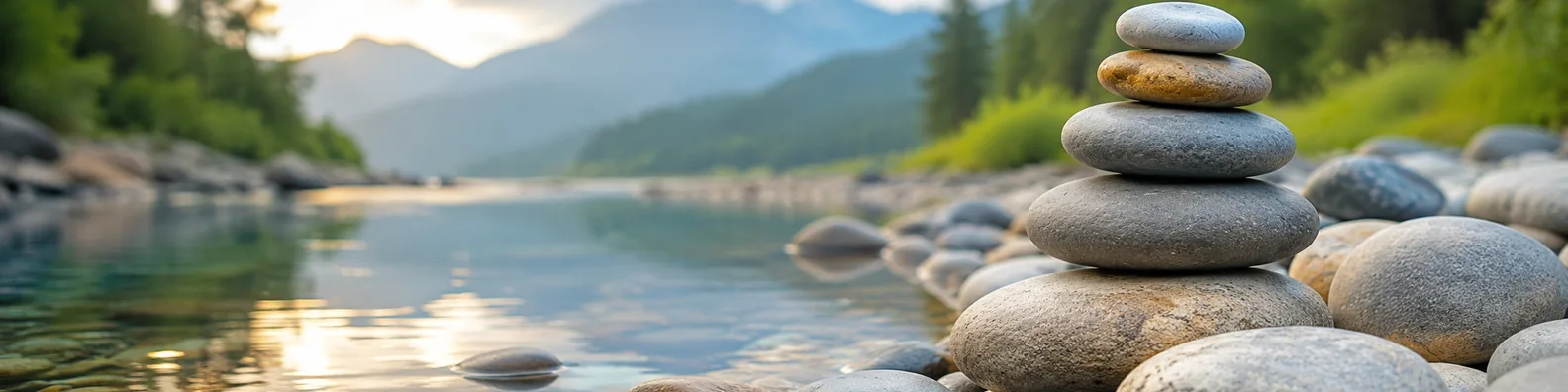 Smooth river stones LinkedIn background banner with rounded stones, calm water, soft reflections, and mountain blur