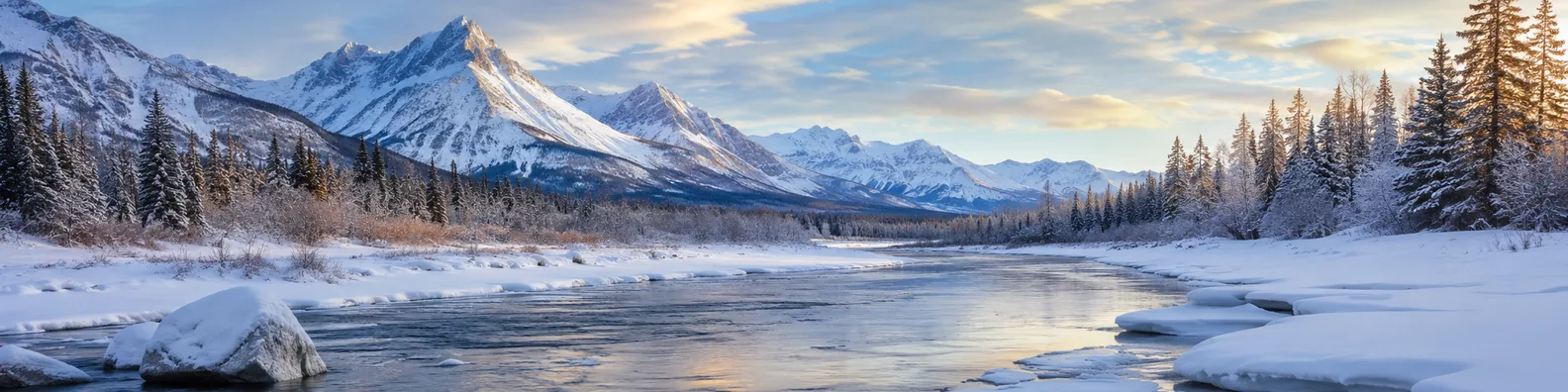 Snowy river valley LinkedIn background banner with partially frozen river, snowy banks, pine trees, mountains, and winter sky