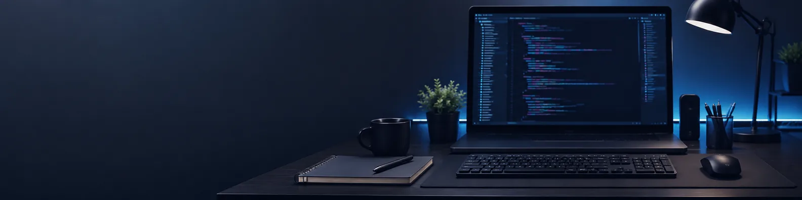 Software developer workspace LinkedIn background banner with laptop, blurred code, keyboard, notebook, coffee cup, and blue lighting