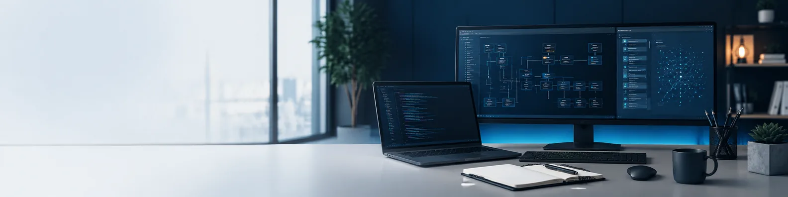 Software engineering workspace LinkedIn background banner with laptop, monitor, abstract architecture diagrams, notebook, and organized desk