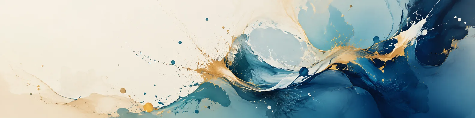 Spilled paint abstract LinkedIn background banner with flowing blue white and gold paint