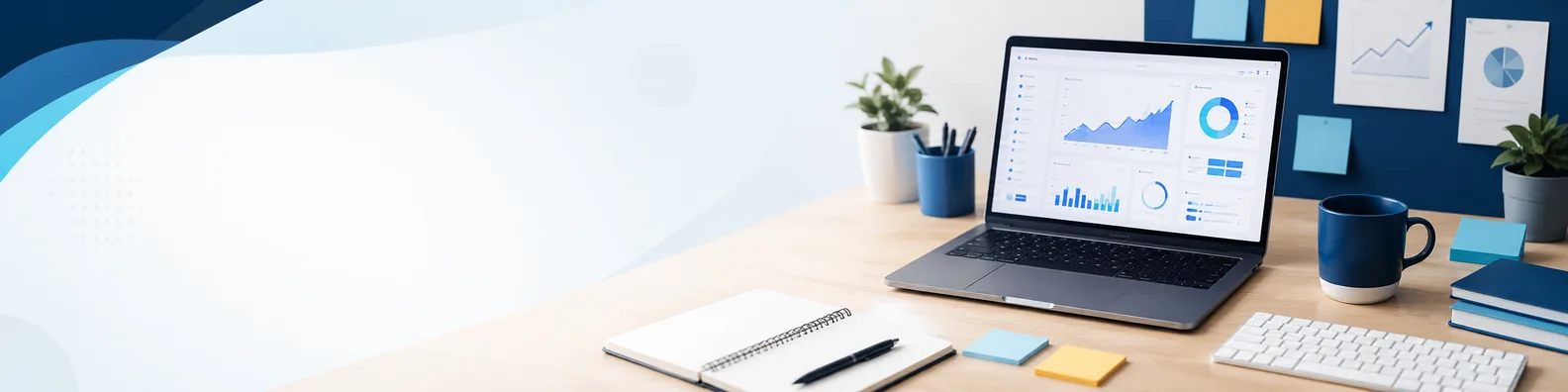 Startup SaaS workspace LinkedIn background banner with laptop product dashboard visuals, notebook, blank sticky notes, coffee cup, keyboard, and clean desk accessories