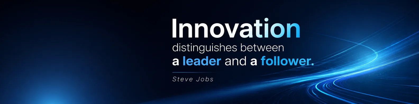 Steve Jobs innovation quote LinkedIn background banner with abstract light lines navy black white blue and soft cyan