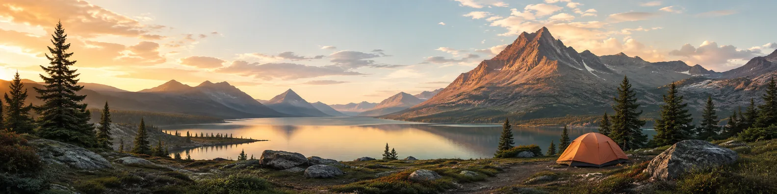 Wilderness camping by mountain lake LinkedIn background banner
