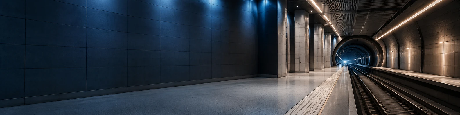 Subway station urban view with modern platform, tunnel lighting, tracks, and clean architecture LinkedIn banner