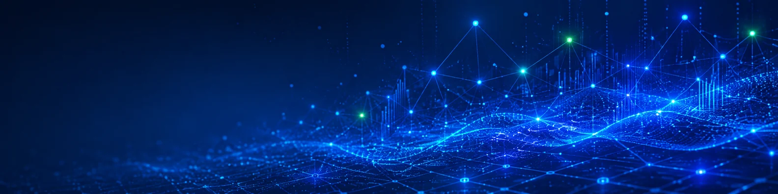 Technology innovation network LinkedIn background banner with connected digital nodes, glowing circuit lines, cloud elements, AI-style data paths, and futuristic layers
