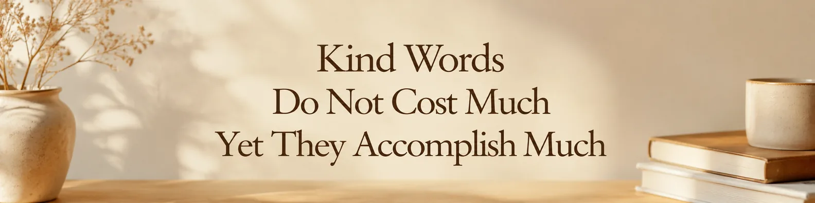 Kind Words Do Not Cost Much Yet They Accomplish Much quote in a warm cozy setting LinkedIn background banner