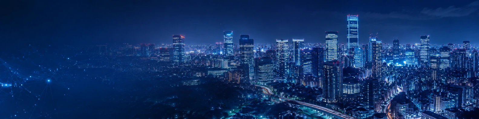 Tokyo city skyline at night with modern towers and technology-forward urban atmosphere LinkedIn banner