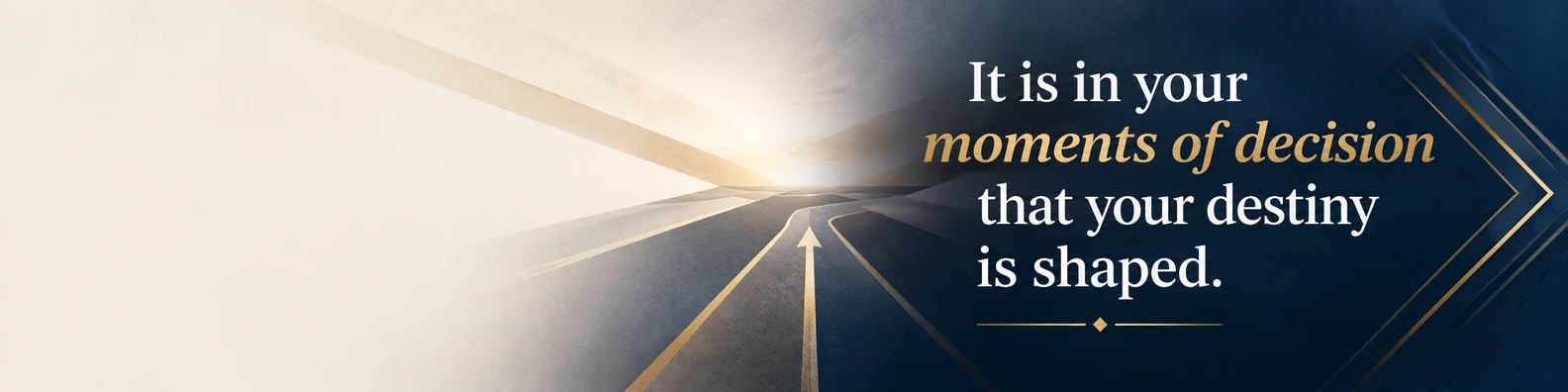 Tony Robbins leadership quote LinkedIn background banner with decision road direction lines navy beige and gold design