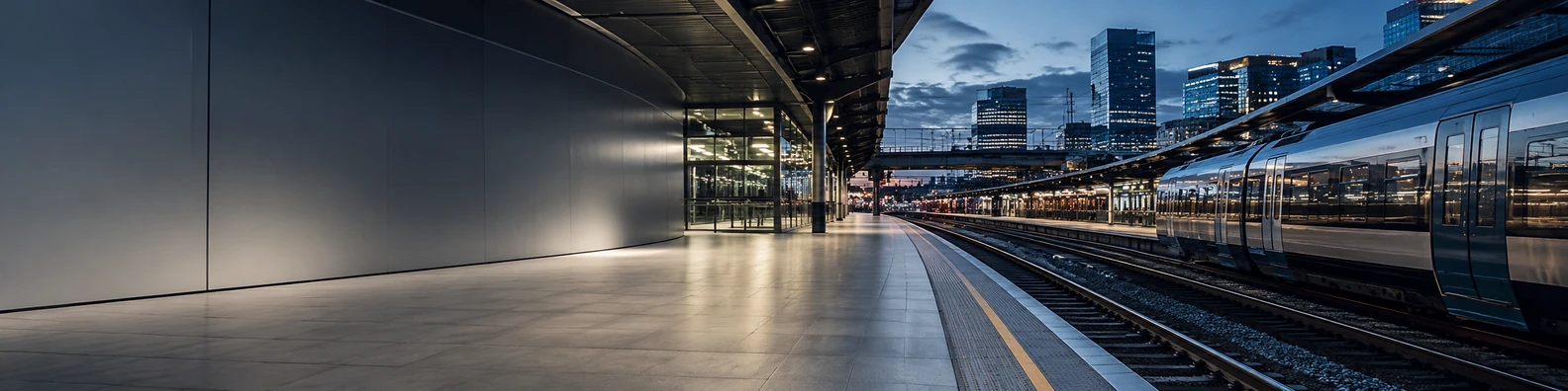 Train station city background with clean platform, tracks, soft lights, and modern architecture LinkedIn banner
