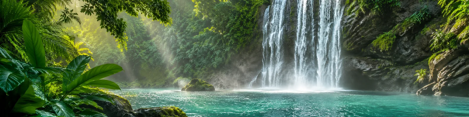 Tropical waterfall LinkedIn background banner with emerald plants, falling water, mist, rocks, and teal pool