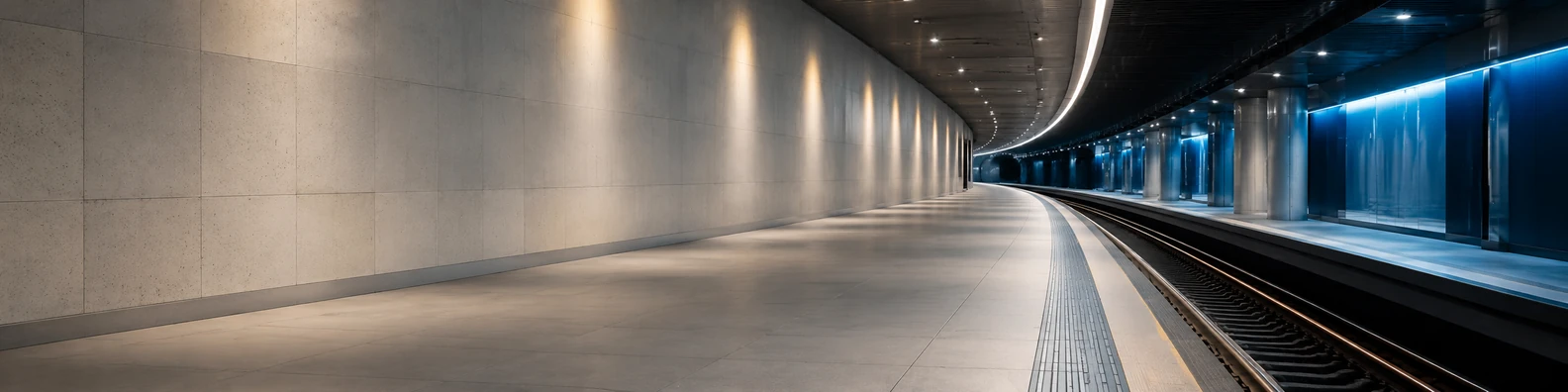 Underground metro platform with modern lighting, tracks, and clean architectural lines LinkedIn banner