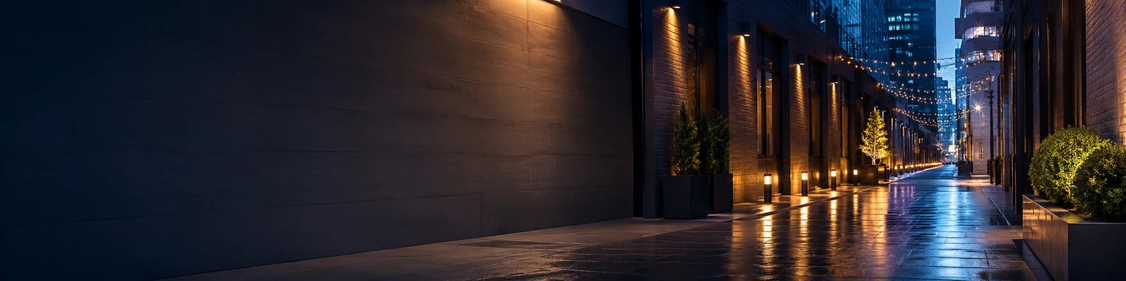 Urban alley night lights with clean walls, warm lighting, and wet pavement reflections LinkedIn banner