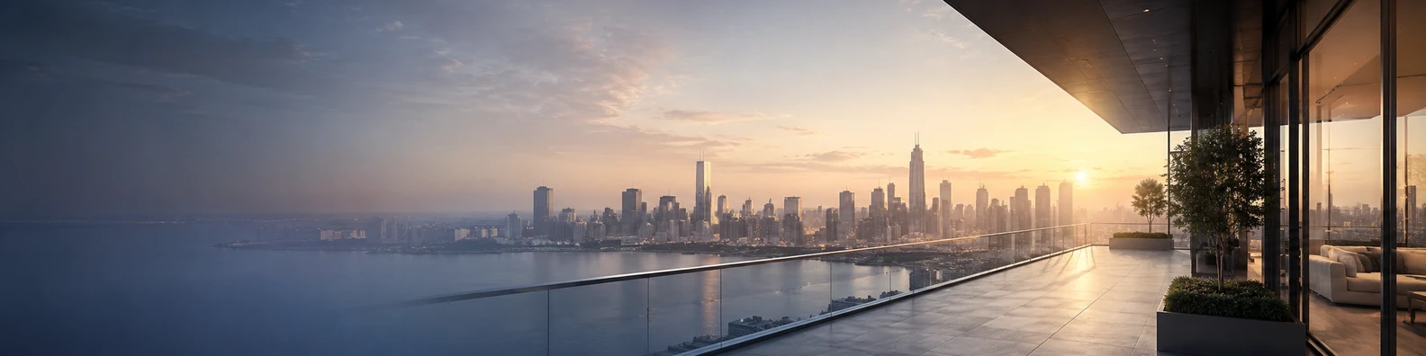 Modern urban balcony overlooking a skyline at sunrise LinkedIn background banner