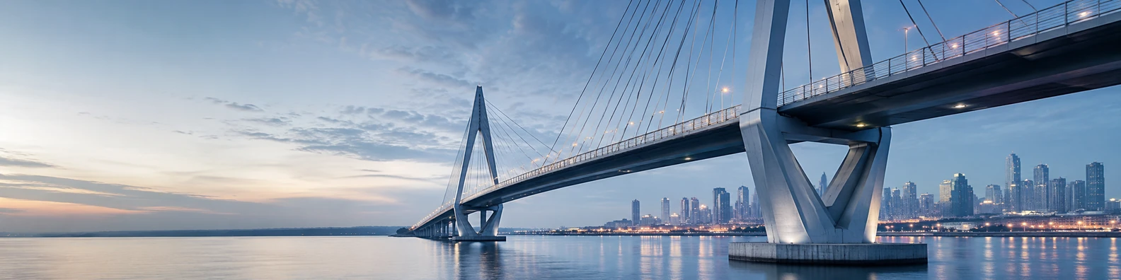 Urban bridge architecture with strong structural lines, city skyline, and soft dusk lighting LinkedIn banner