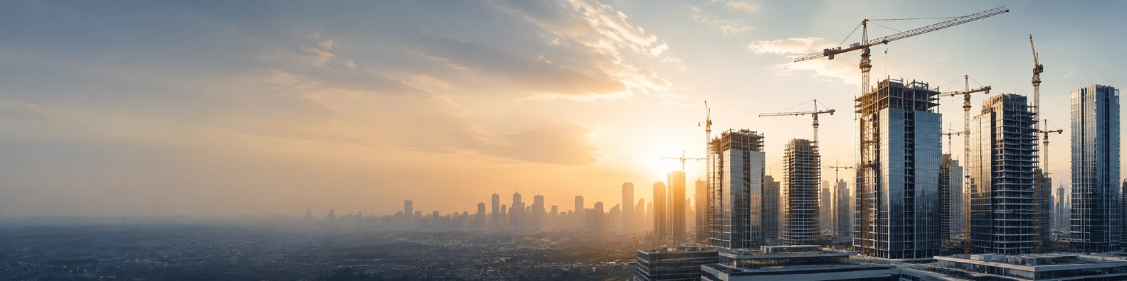Urban construction skyline with cranes, new buildings, and warm sunrise light LinkedIn background banner