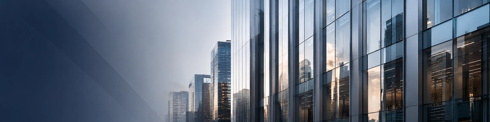 Urban financial district with glass skyscrapers, office towers, and soft business lighting LinkedIn banner