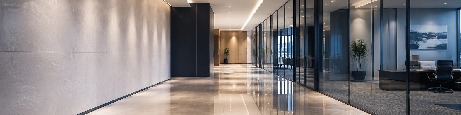 Urban office corridor with glass walls, polished floors, and soft lighting LinkedIn background banner