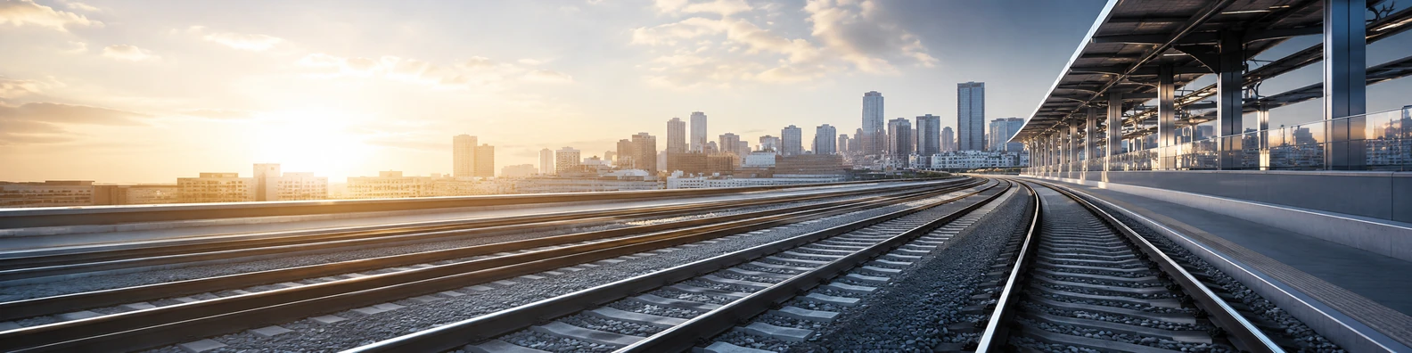 Urban railway track background with station architecture and warm sunset light LinkedIn banner
